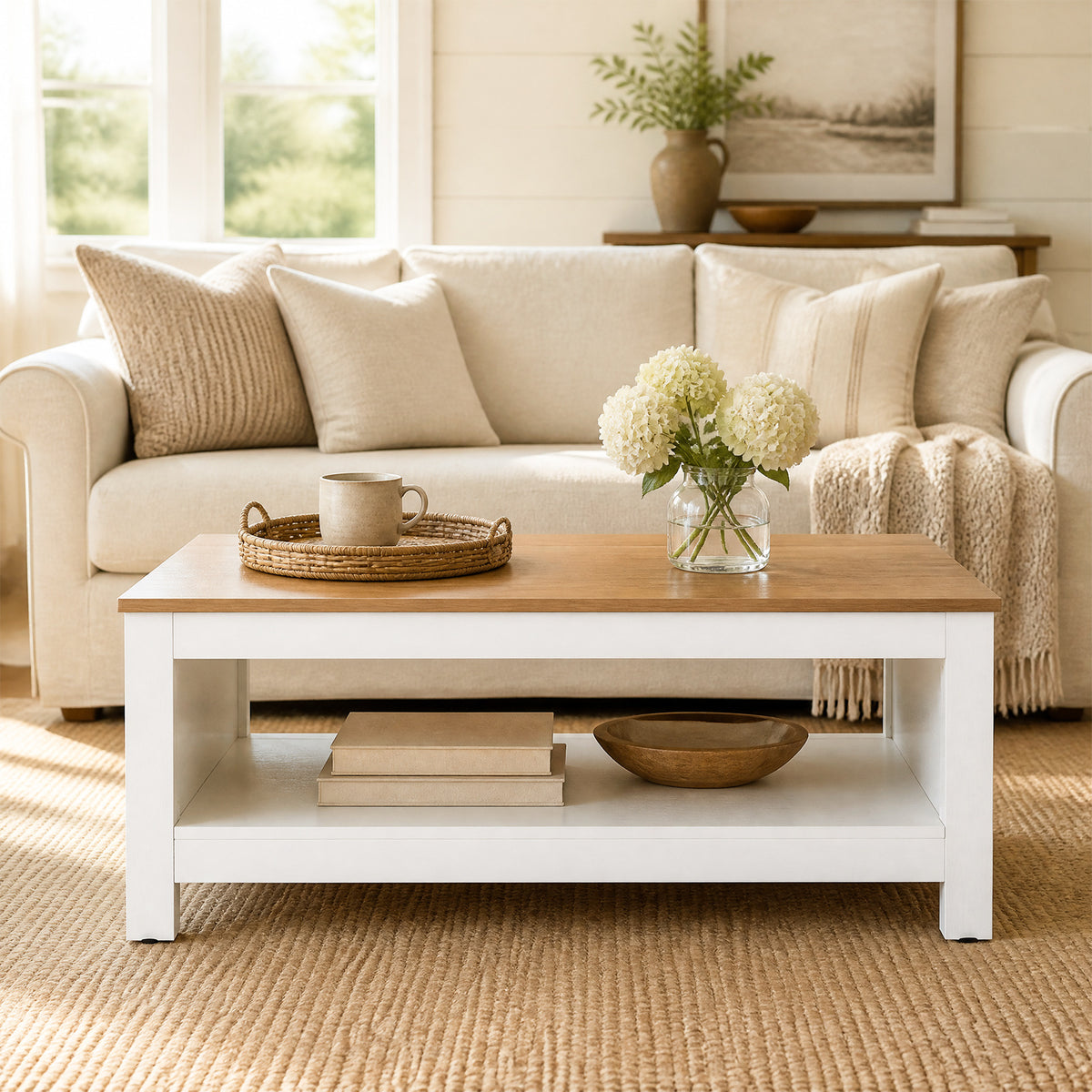 105 cm 2-Tier Farmhouse Coffee Table with Wood Grain Top & Open Storage Shelf-Natural & White