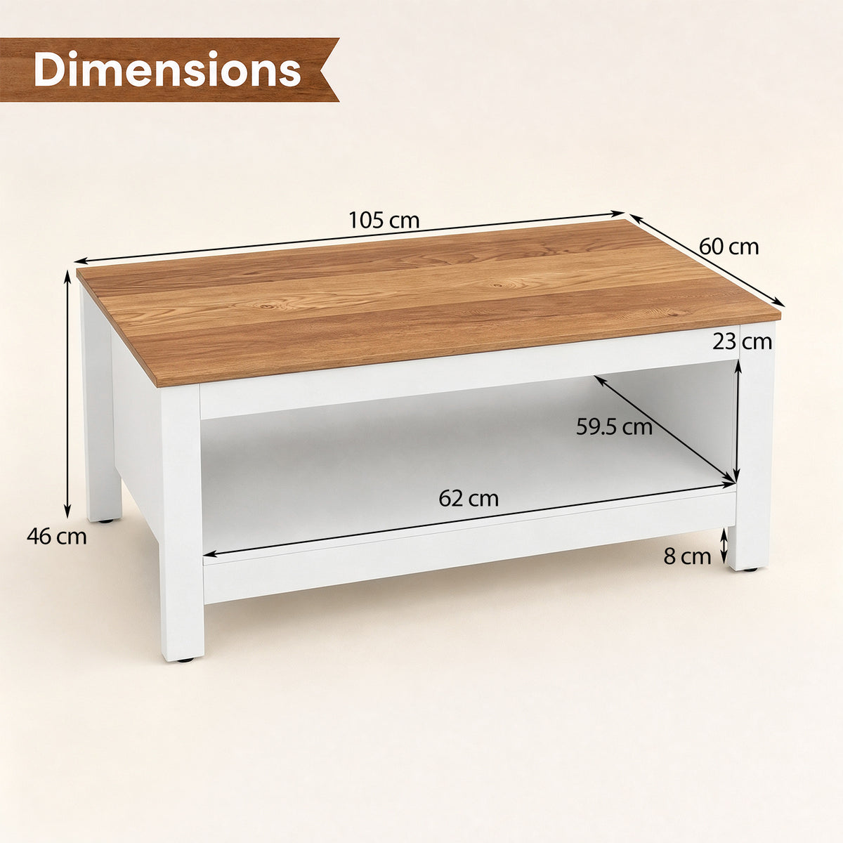 105 cm 2-Tier Farmhouse Coffee Table with Wood Grain Top & Open Storage Shelf-Natural & White