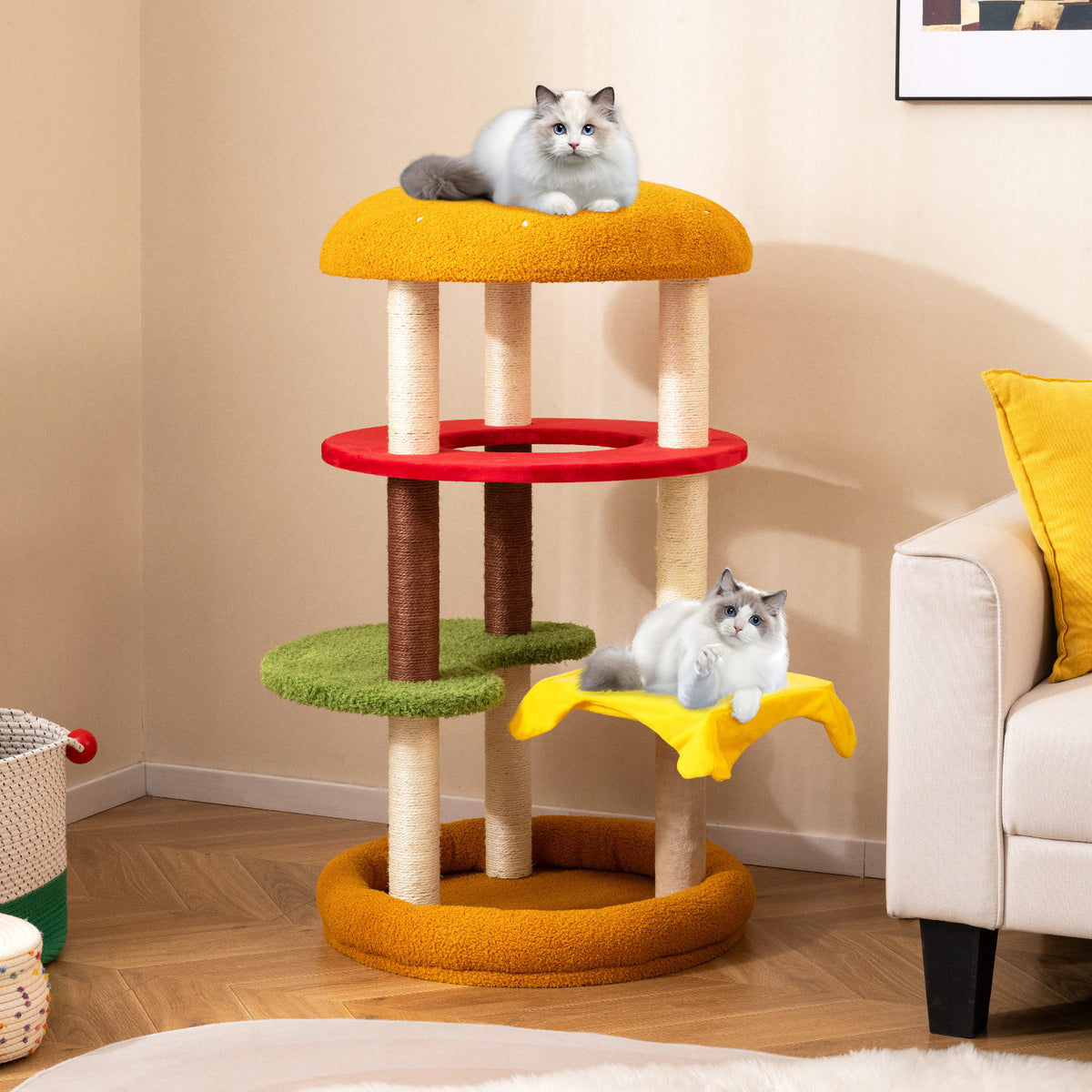 106 cm Modern Cat Tree with Padded Perch and Sisal Post for Indoor-Yellow