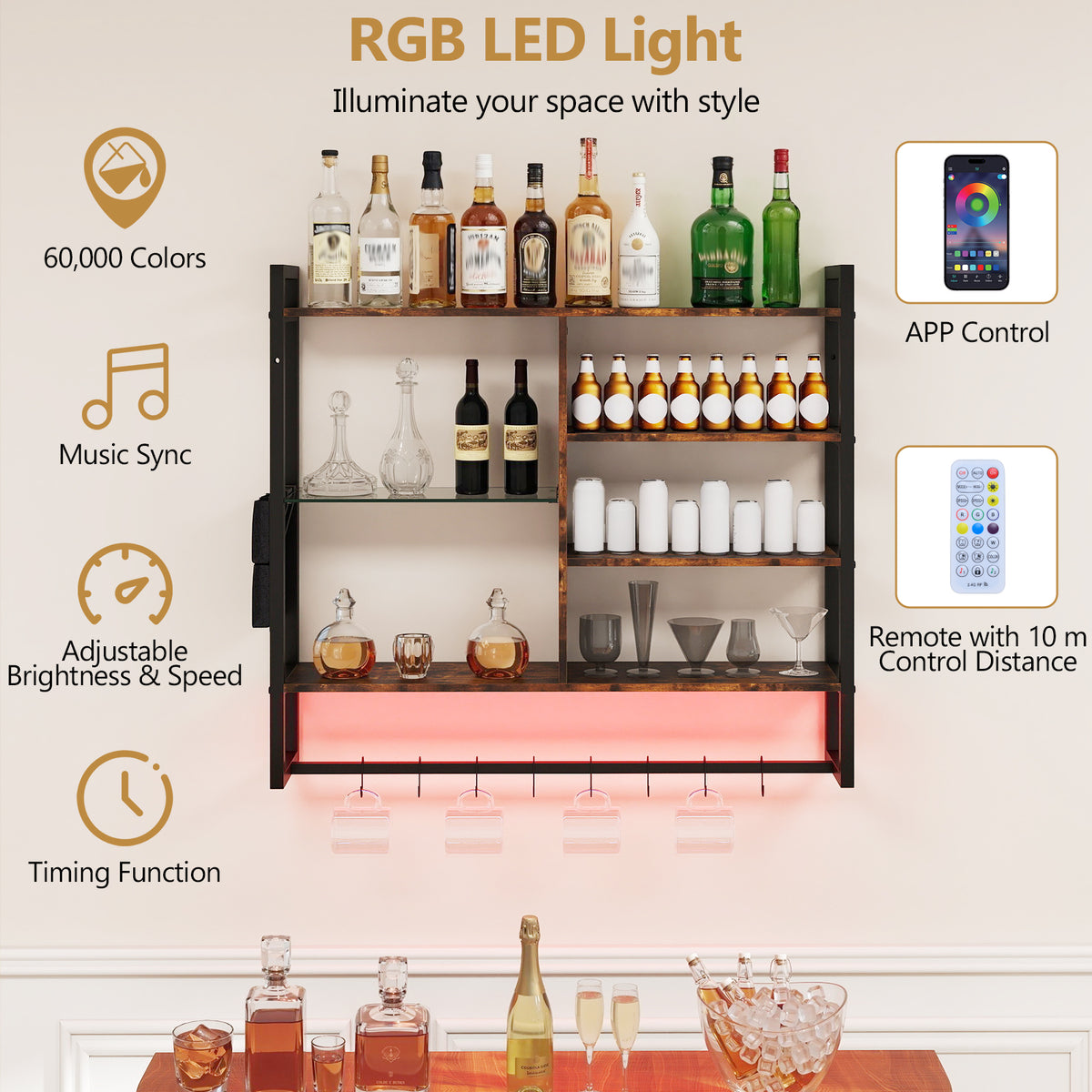 107 CM Gaming Floating Shelves with LED Lights Remote and APP Control-Black