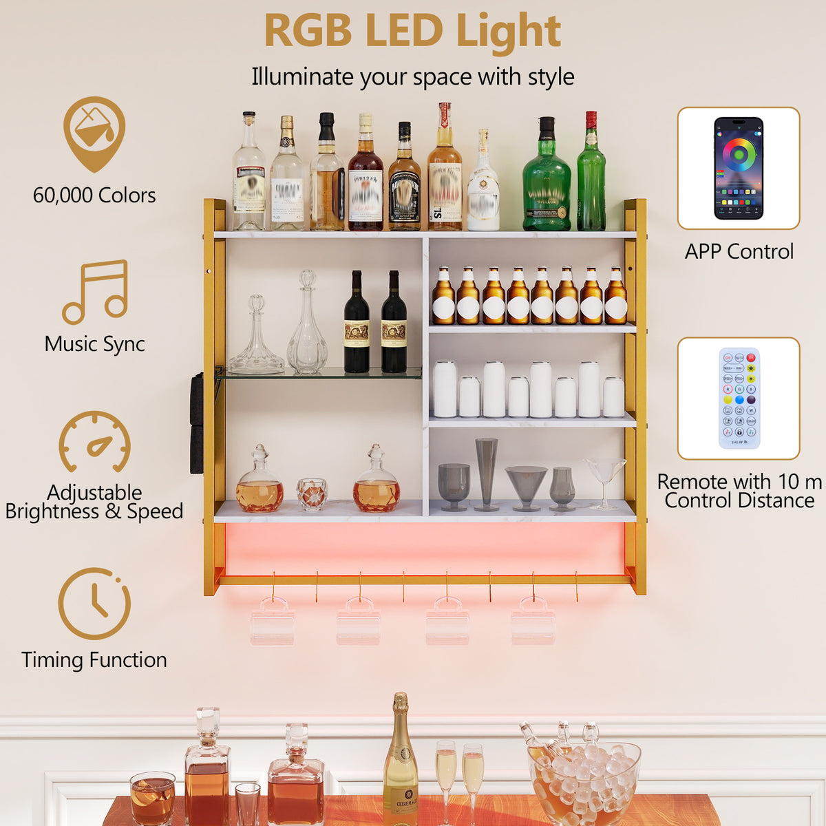 107 CM Gaming Floating Shelves with LED Lights Remote and APP Control-White
