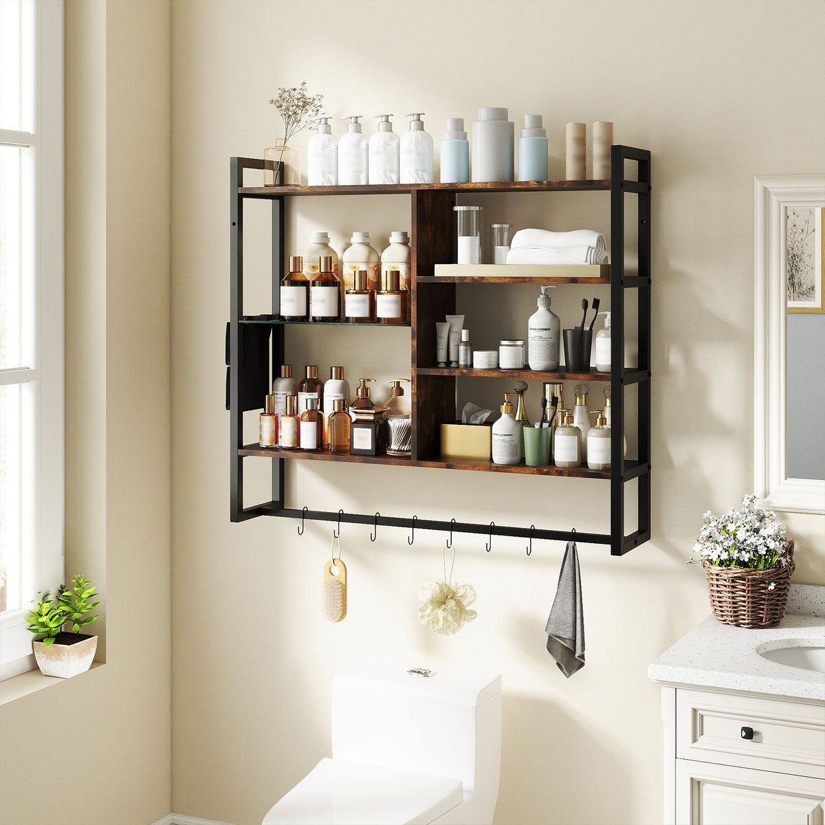 107 CM Industrial Floating Shelves 6-Tier Wall Mounted Shelf with 8 S-Hooks-Black