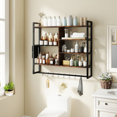 107 CM Industrial Floating Shelves 6-Tier Wall Mounted Shelf with 8 S-Hooks-Black