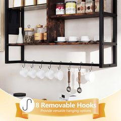 107 CM Industrial Floating Shelves 6-Tier Wall Mounted Shelf with 8 S-Hooks-Black