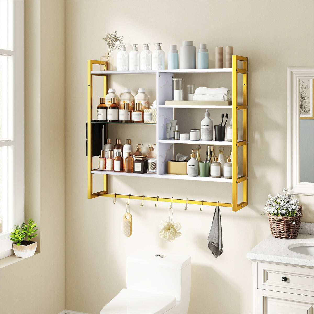 107 CM Industrial Floating Shelves 6-Tier Wall Mounted Shelf with 8 S-Hooks-White & Golden