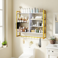 107 CM Industrial Floating Shelves 6-Tier Wall Mounted Shelf with 8 S-Hooks-White & Golden