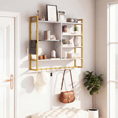 107 CM Industrial Floating Shelves 6-Tier Wall Mounted Shelf with 8 S-Hooks-White & Golden