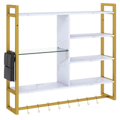 107 CM Industrial Floating Shelves 6-Tier Wall Mounted Shelf with 8 S-Hooks-White & Golden