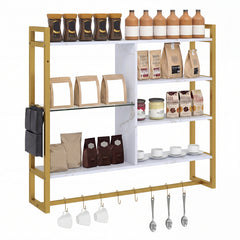 107 CM Industrial Floating Shelves 6-Tier Wall Mounted Shelf with 8 S-Hooks-White & Golden