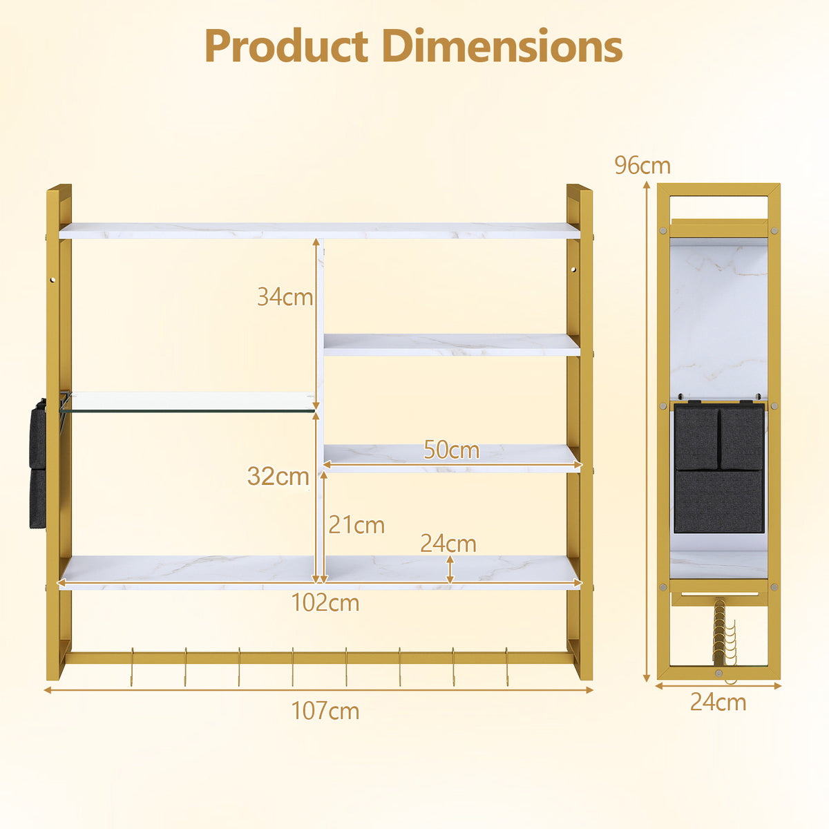 107 CM Industrial Floating Shelves 6-Tier Wall Mounted Shelf with 8 S-Hooks-White & Golden
