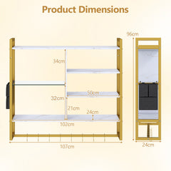 107 CM Industrial Floating Shelves 6-Tier Wall Mounted Shelf with 8 S-Hooks-White & Golden