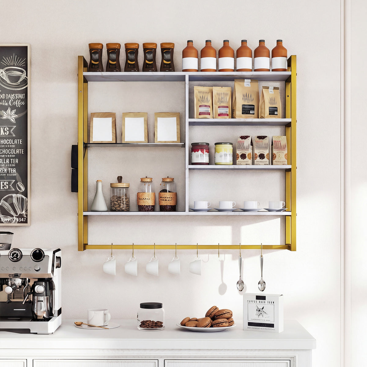 107 CM Industrial Floating Shelves 6-Tier Wall Mounted Shelf with 8 S-Hooks-White & Golden