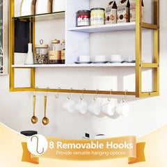 107 CM Industrial Floating Shelves 6-Tier Wall Mounted Shelf with 8 S-Hooks-White & Golden