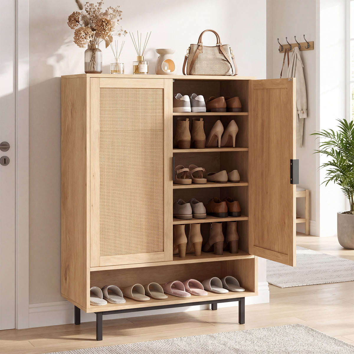 108CM Tall Shoe Cabinet 6-Tier with 2 Doors and Adjustable Shelves-Natural