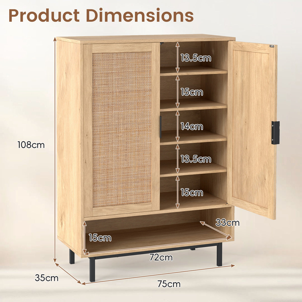 108CM Tall Shoe Cabinet 6-Tier with 2 Doors and Adjustable Shelves-Natural
