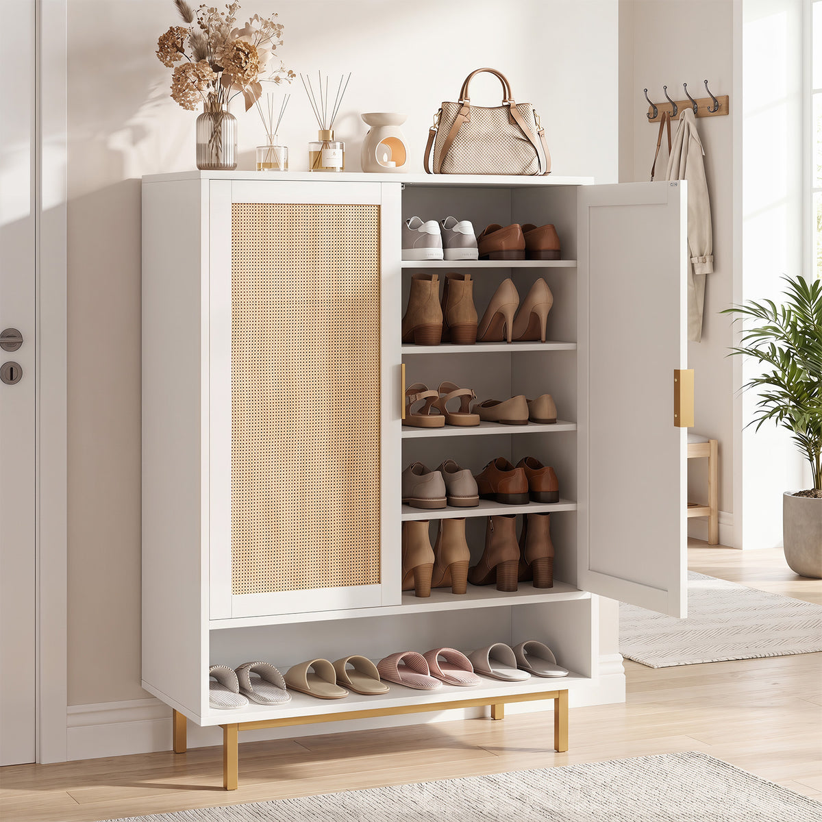 108CM Tall Shoe Cabinet 6-Tier with 2 Doors and Adjustable Shelves-White