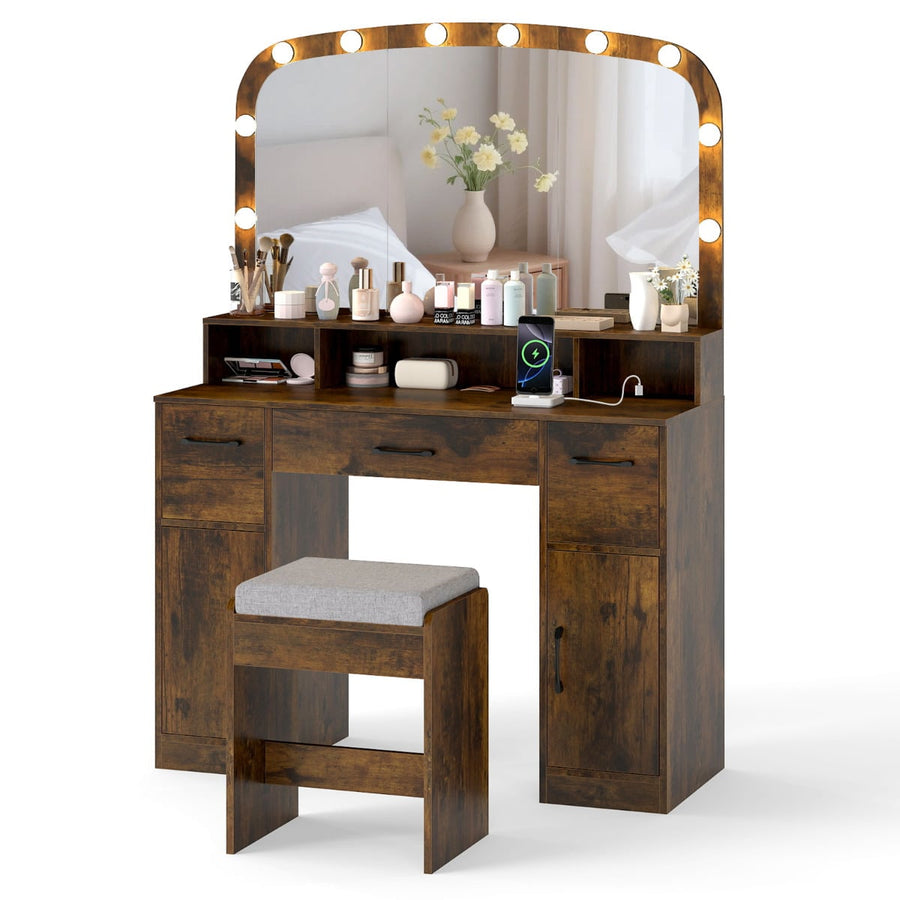 108 CM Wide Vanity Desk with Mirror and Lights for Bedroom-Rustic Brown