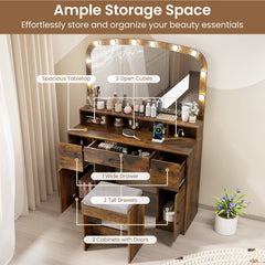 108 CM Wide Vanity Desk with Mirror and Lights for Bedroom-Rustic Brown