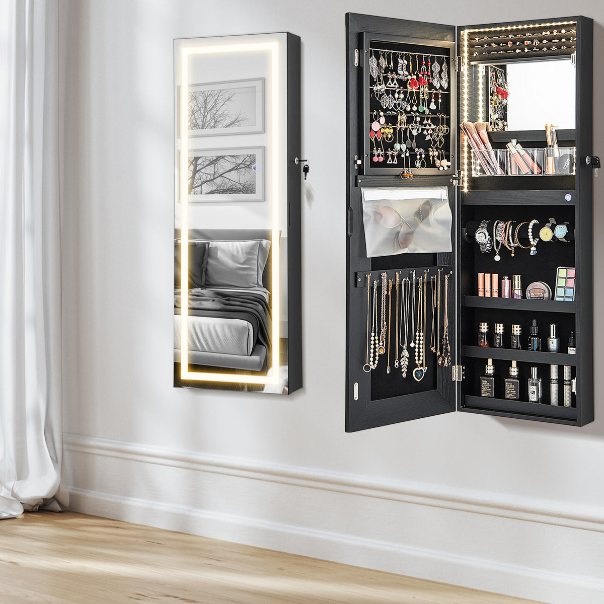 108cm Lockable Jewelry Mirror Cabinet with 3-Color LED Lights-Black1