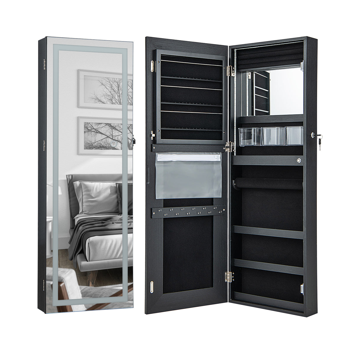 108cm Lockable Jewelry Mirror Cabinet with 3-Color LED Lights-Black1