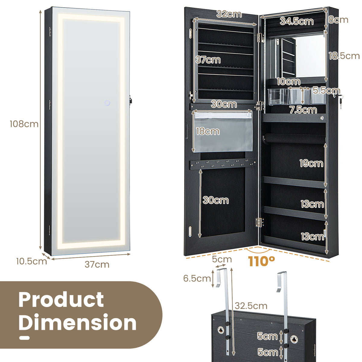 108cm Lockable Jewelry Mirror Cabinet with 3-Color LED Lights-Black1