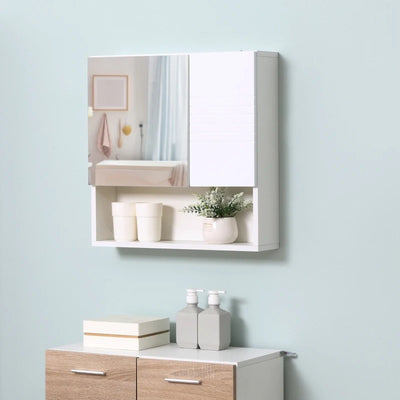 kleankin Bathroom Mirror Cabinet Wall-Mounted Storage w/ Double Door Adjustable Shelf - White