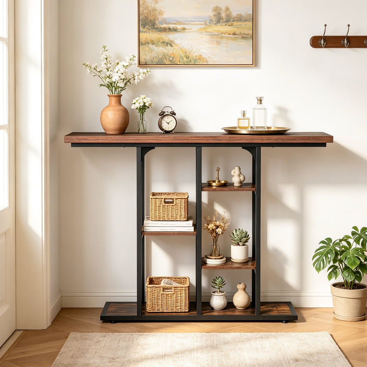 109 cm Console Table with Storage Shelves-Rustic Brown