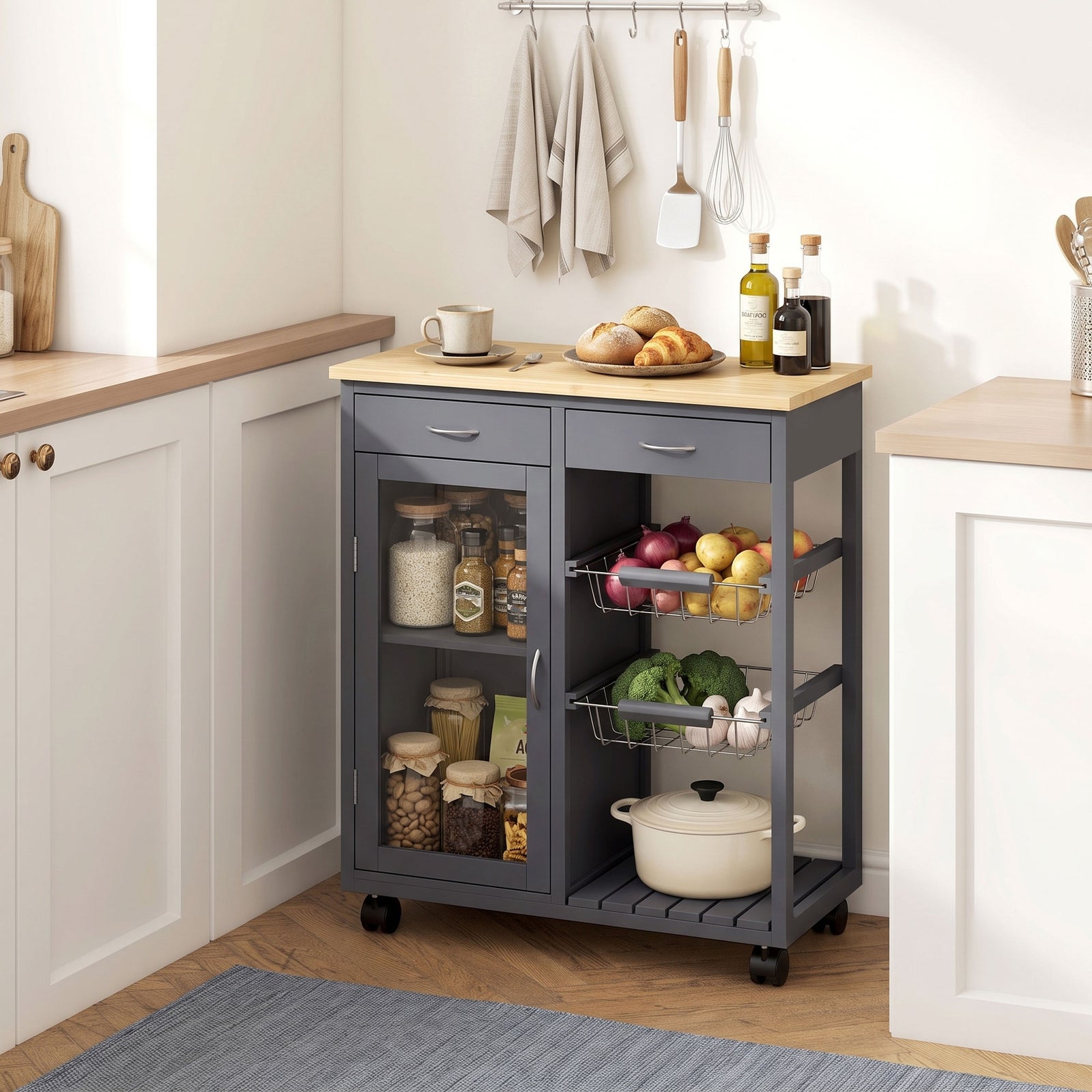 HOMCOM Bamboo Kitchen Island, Rolling Kitchen Trolley with Glass Door, 2 Metal Wire Baskets and Adjustable Shelf, Grey