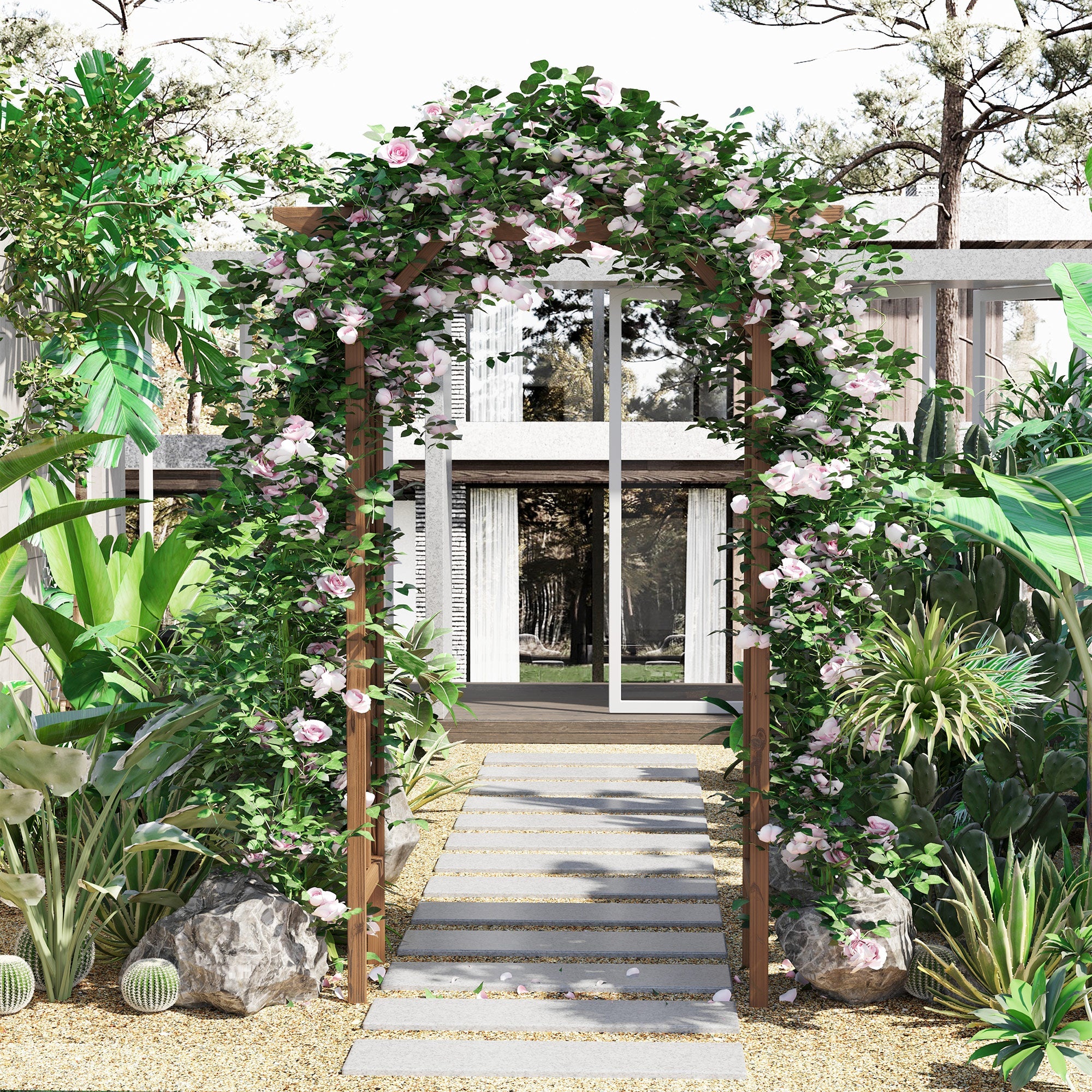 Outsunny Wooden Garden Arbor, Arch Trellis with Classic Countryside Style, Pergola Style Roof for Climbing Vines