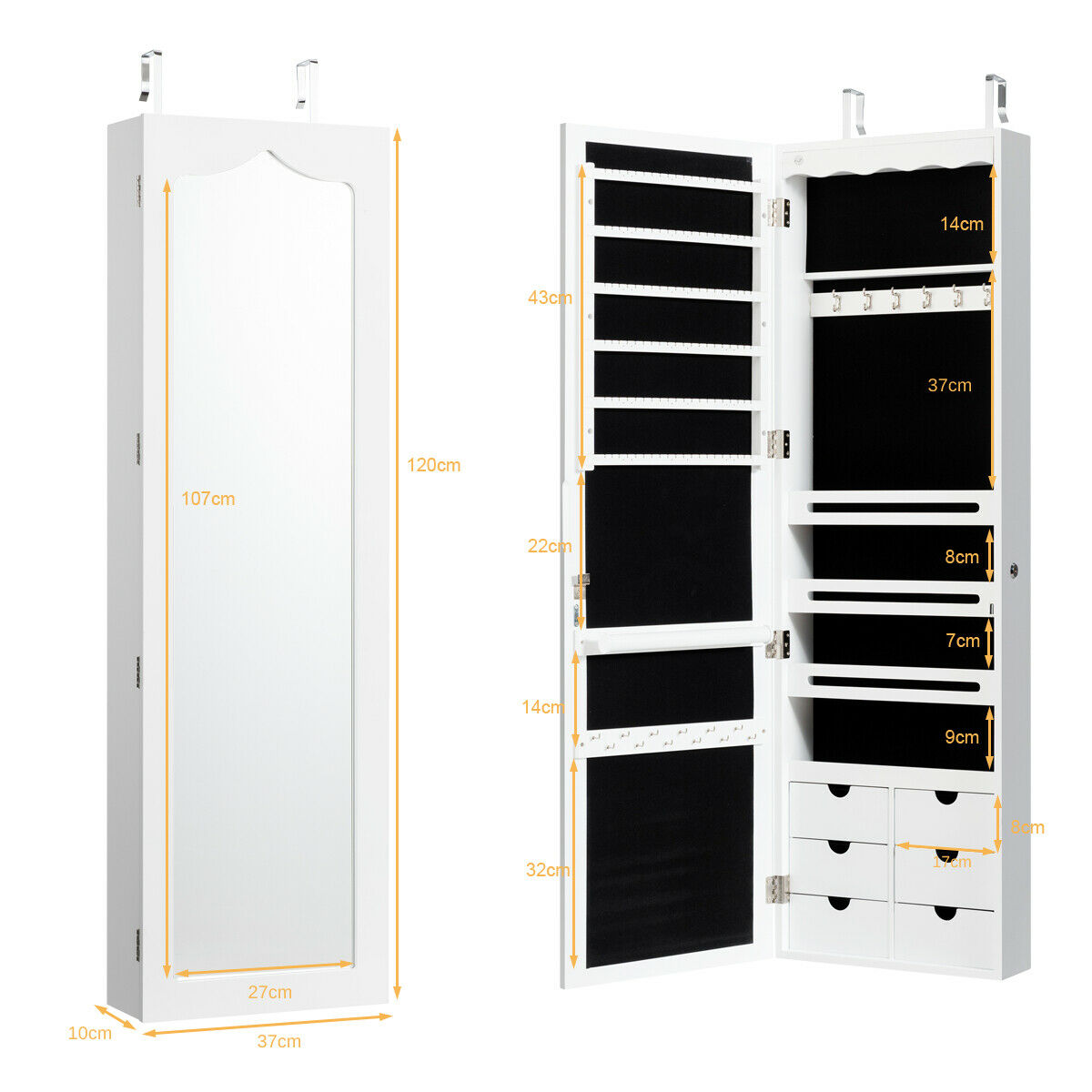 Wall Mounted Jewellery Armoire with Mirror and LED Light-White