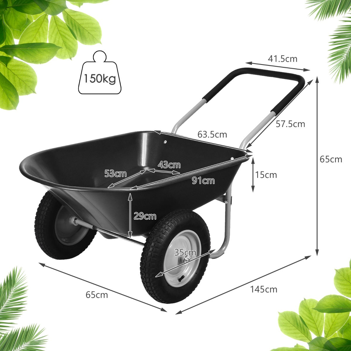 2 Tire Wheelbarrow with Pneumatic Tires 150KG-Black