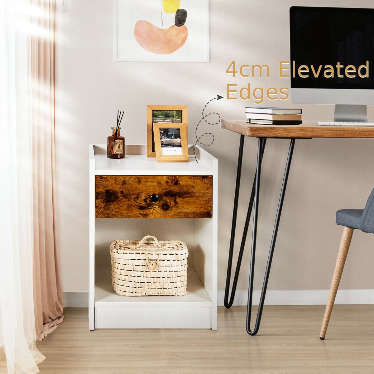 Set of 2 Bedside Table with a Drawer and Open Shelf-White