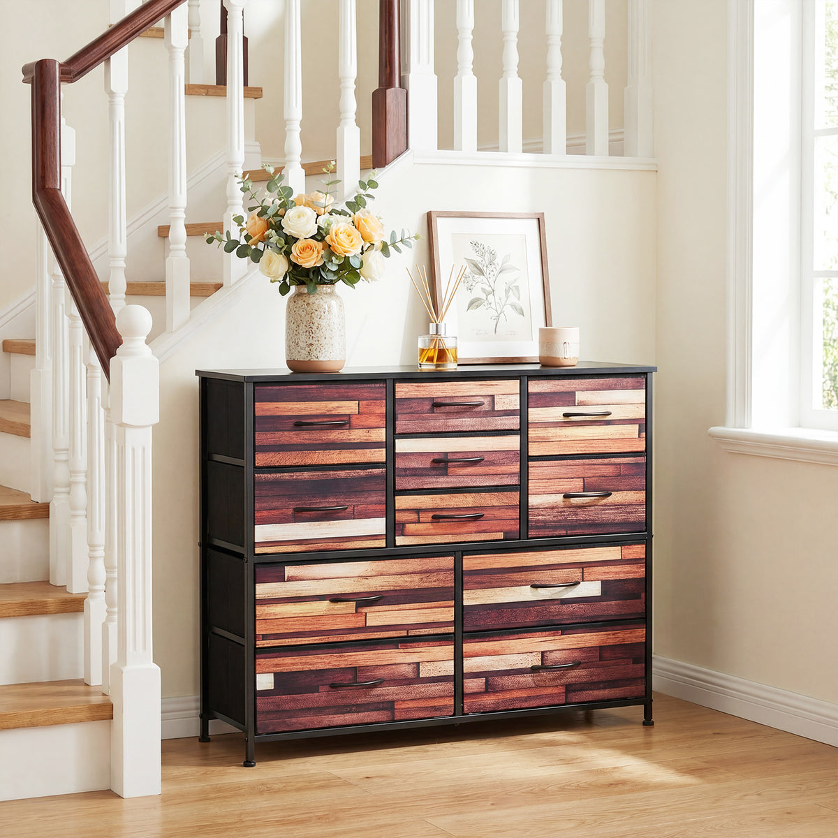 11-Drawer Dresser Tall Storage Chest with Metal Frame-Brown