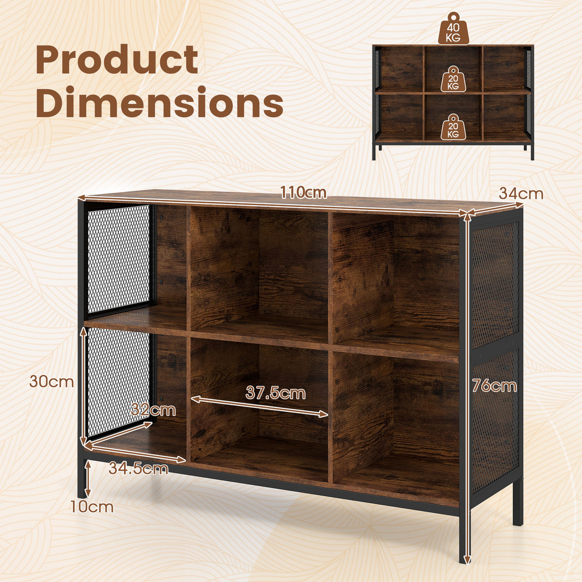 110 CM 6 Cube Bookcase with Heavy-Duty Metal Frame for Home Office-Rustic Brown
