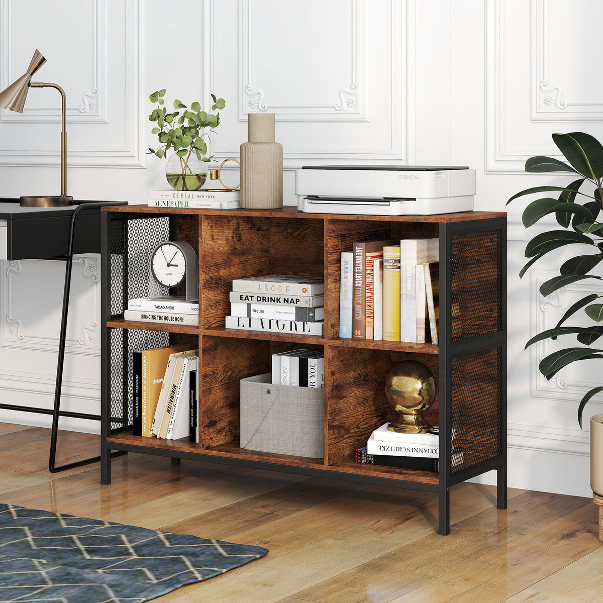 110 CM 6 Cube Bookcase with Heavy-Duty Metal Frame for Home Office-Rustic Brown