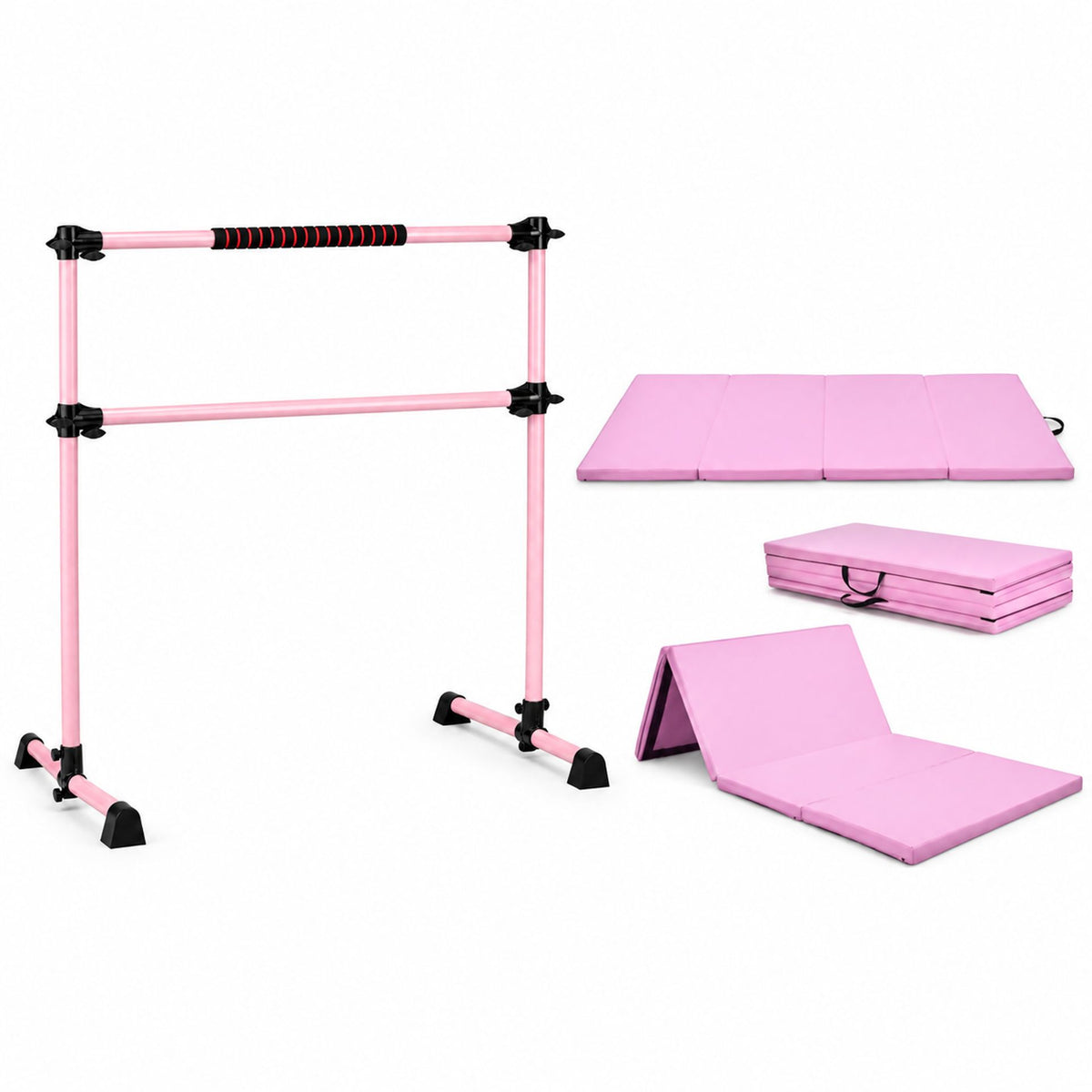 110 KG Max Load Adjustable Ballet Barre and Folding Gymnastics Mat in Pink