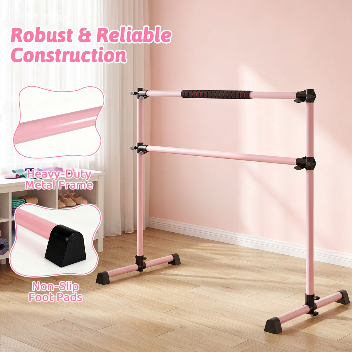 110 KG Max Load Adjustable Ballet Barre and Folding Gymnastics Mat in Pink, image 5