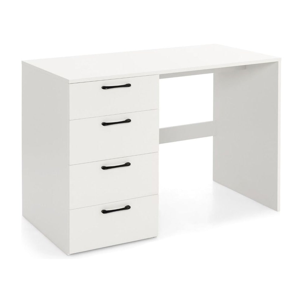 Wooden computer desk with 4 drawers, a white unit with four drawers on the left and a desk surface