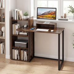 110CM Computer Desk with Charging Station and Ergonomic Monitor Stand-Rustic Brown