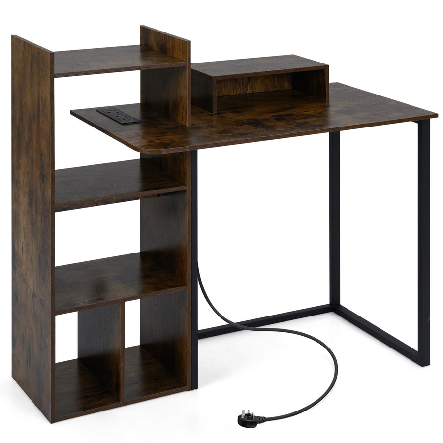 110CM Computer Desk with Charging Station and Ergonomic Monitor Stand-Rustic Brown