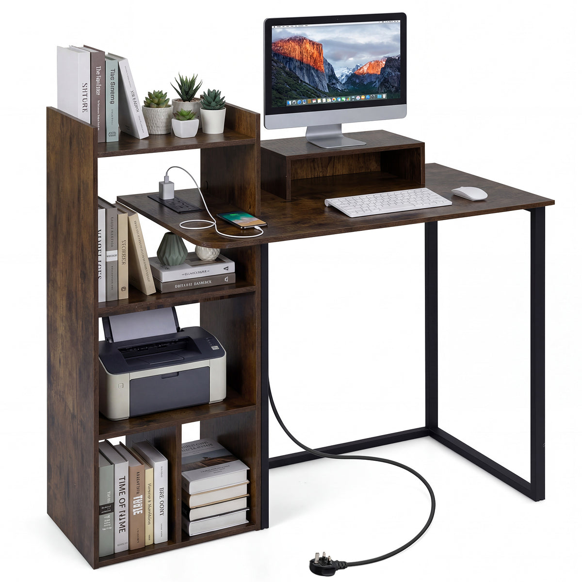 110CM Computer Desk with Charging Station and Ergonomic Monitor Stand-Rustic Brown