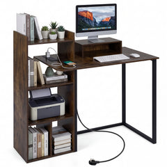 110CM Computer Desk with Charging Station and Ergonomic Monitor Stand-Rustic Brown
