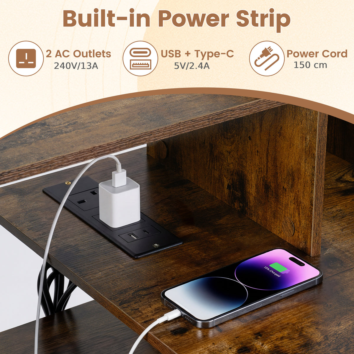 110CM Computer Desk with Charging Station and Ergonomic Monitor Stand-Rustic Brown