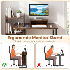 110CM Computer Desk with Charging Station and Ergonomic Monitor Stand-Rustic Brown