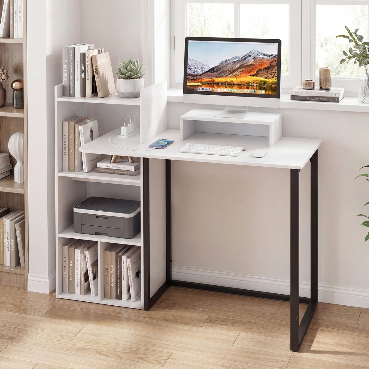 110CM Computer Desk with Charging Station and Ergonomic Monitor Stand-White