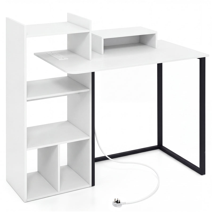110CM Computer Desk with Charging Station and Ergonomic Monitor Stand-White