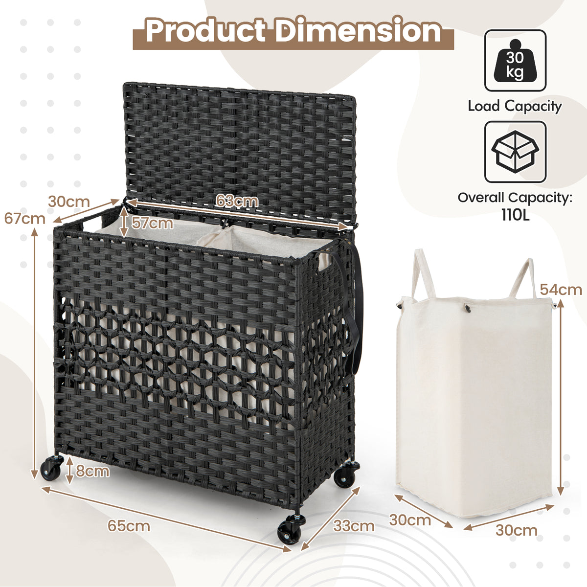 110L Collapsible Laundry Hamper Lid and Removable Liner Bag-Black