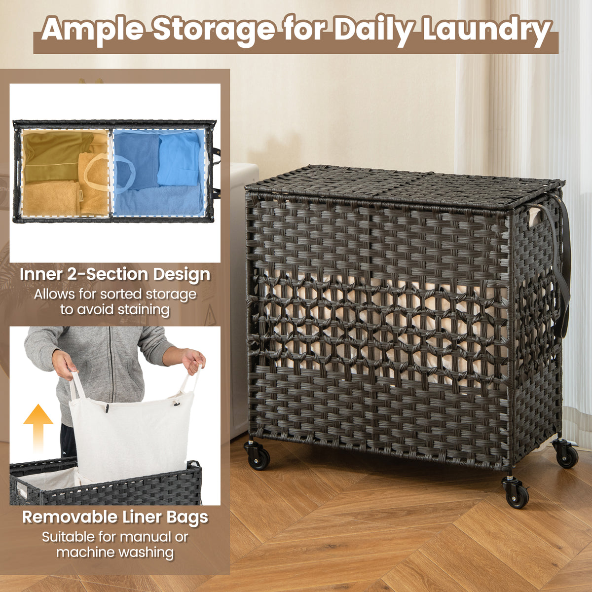 110L Collapsible Laundry Hamper Lid and Removable Liner Bag-Black