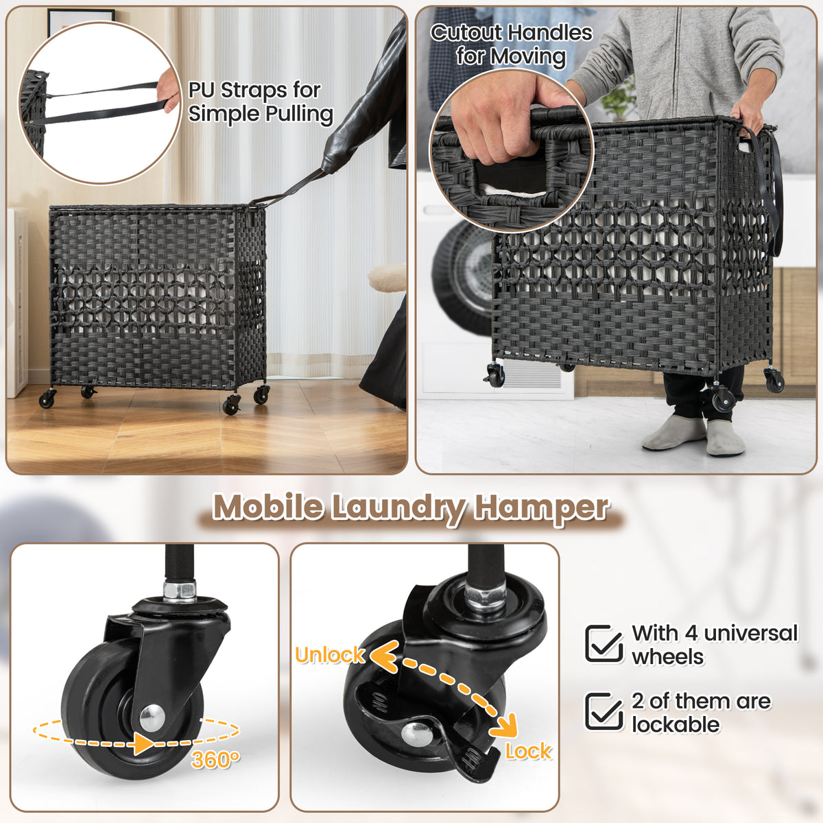 110L Collapsible Laundry Hamper Lid and Removable Liner Bag-Black