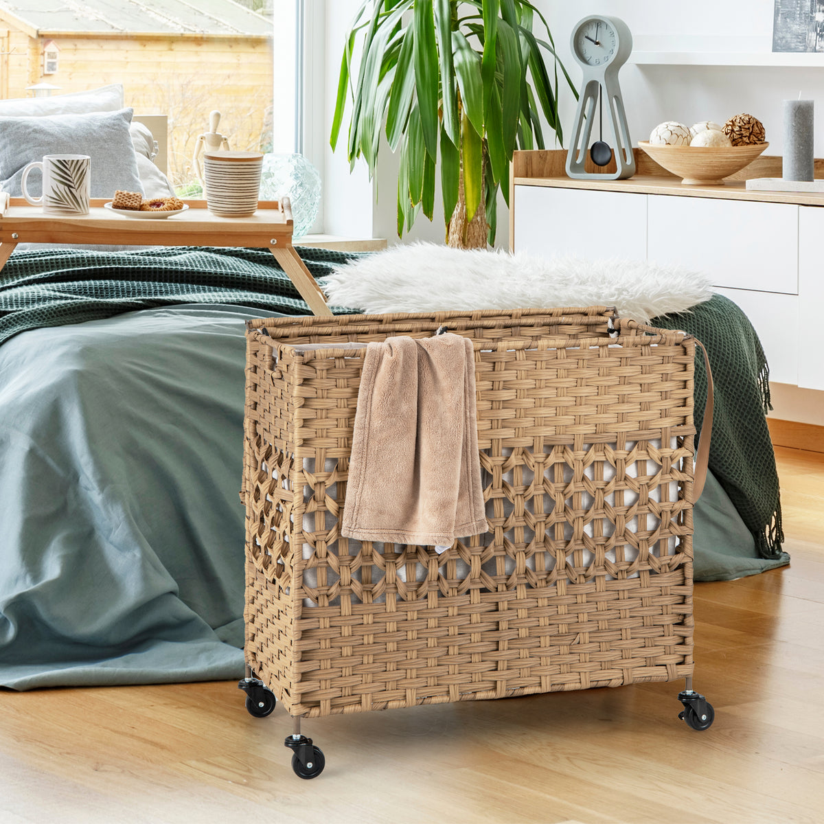 110L Collapsible Laundry Hamper Lid and Removable Liner Bag-Natural
